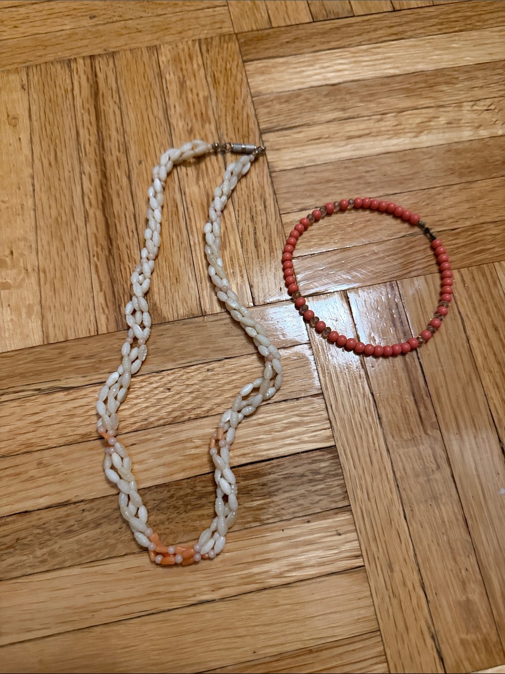 White Bead Necklace & Coral Bead Bracelet Set